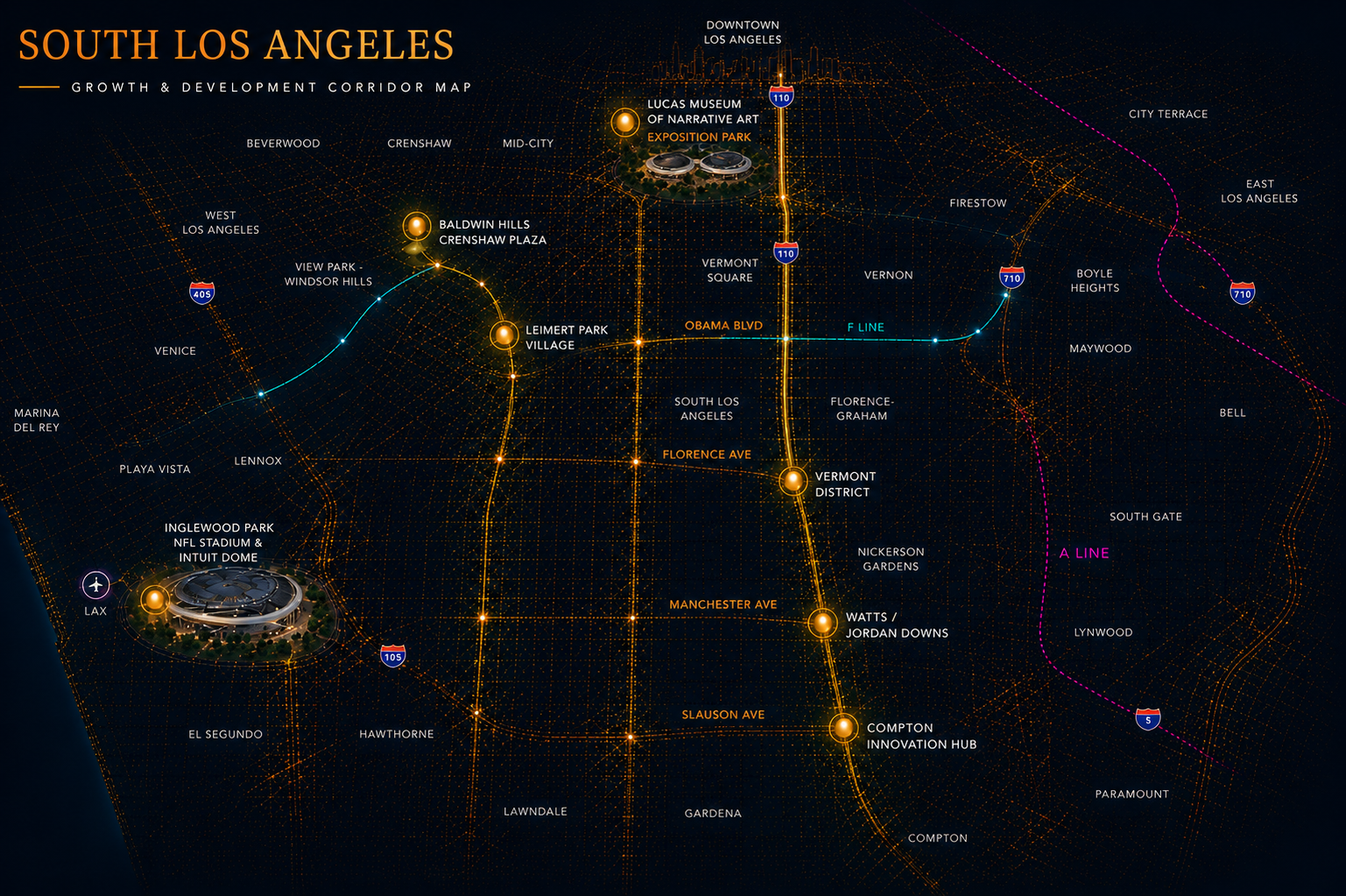 South Los Angeles Growth & Development Corridor Map — final version showing Baldwin Hills, Leimert Park, Vermont District, Watts/Jordan Downs, Compton Innovation Hub, Inglewood, and Metro transit corridors